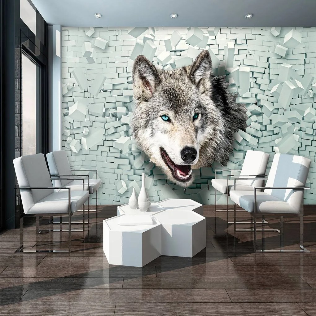 Fototapeta - Vlk vychádza z 3D steny (254x184 cm)