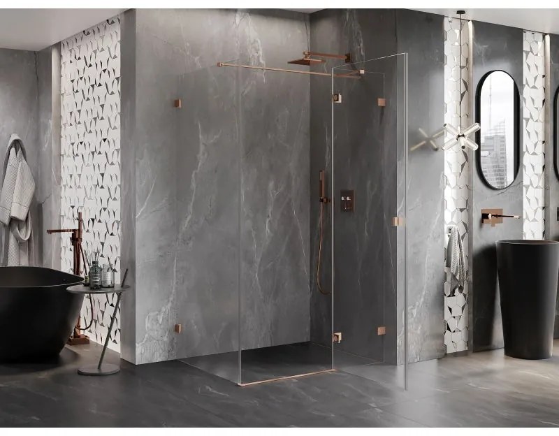 Mexen Lunar T, výklopný sprchový kút pravý 120 x 70 cm, 8mm číre sklo, profil medená matná, 834T-120-070-65-00-P