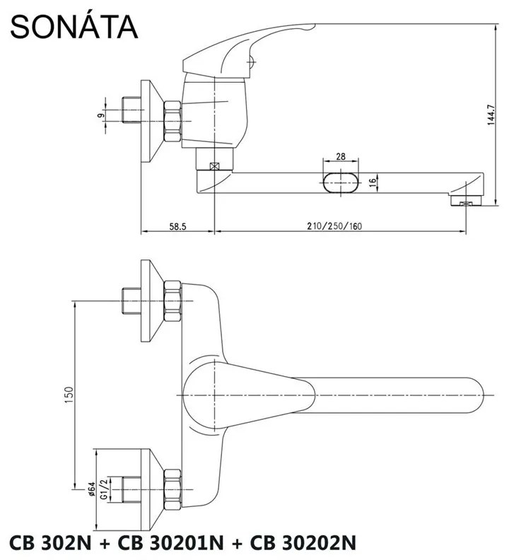 Mereo, Drezová nástenná batéria, Sonáta, s ramienkom plochým rovným 250 mm, chróm, MER-CB30201N