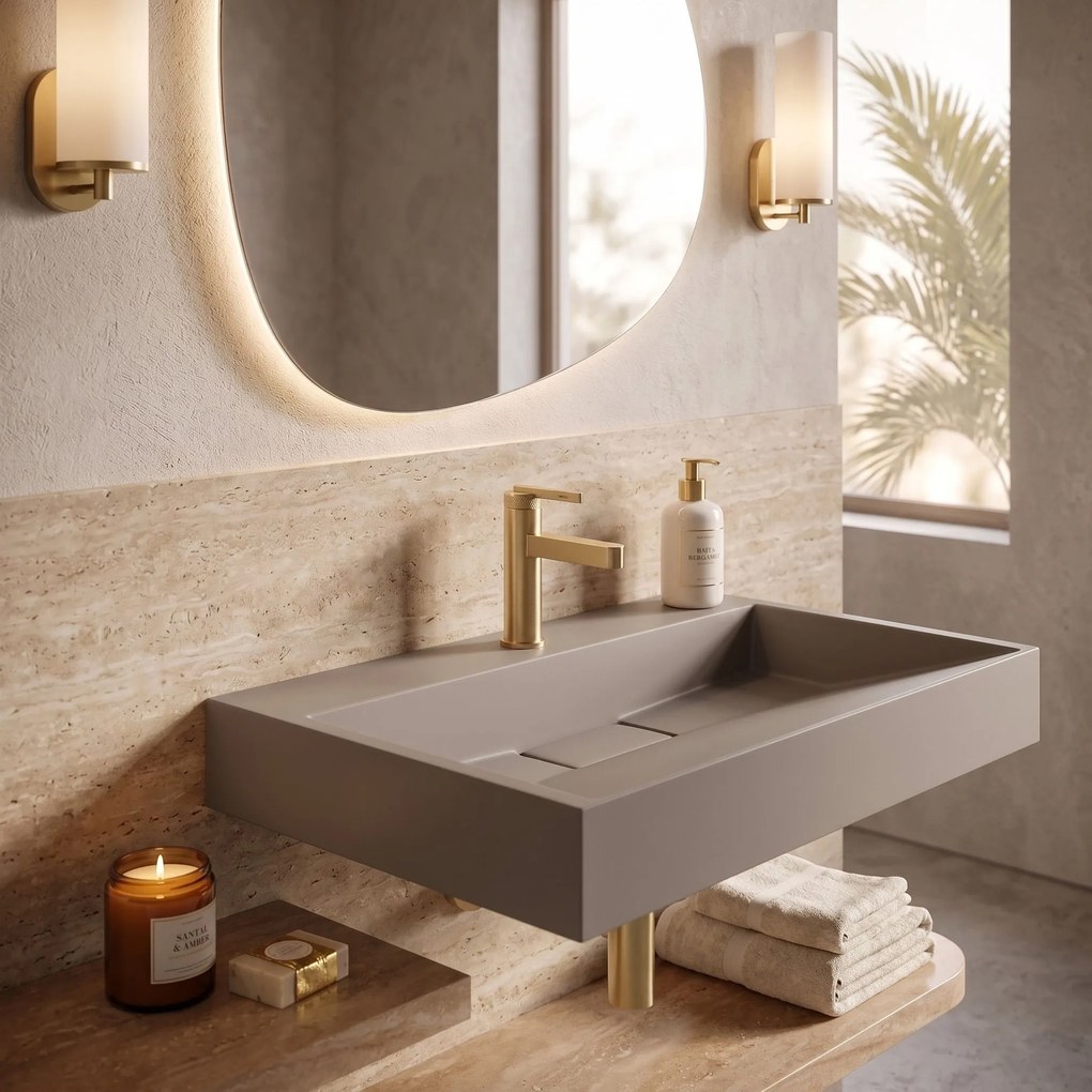 Rea Goya, umývadlo z konglomerátu na dosku/závesné, 70x46x14 cm, béžová, REA-U4414