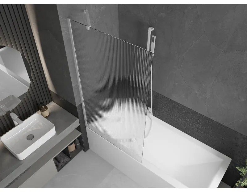 Mexen Next, vaňová zástena 1-krídlová 90 x 150 cm, fixné krídlo, 6 mm sklo s pruhmi, biely profil, 895-090-000-00-09-20