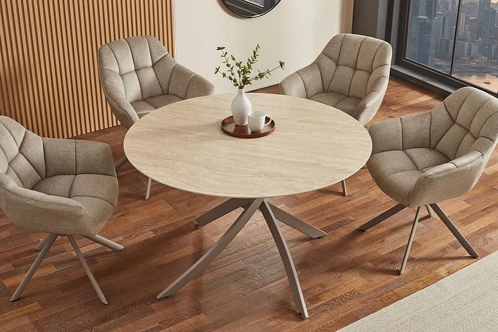 Okrúhly jedálenský keramický stôl Halia 120 cm travertín / šampanský