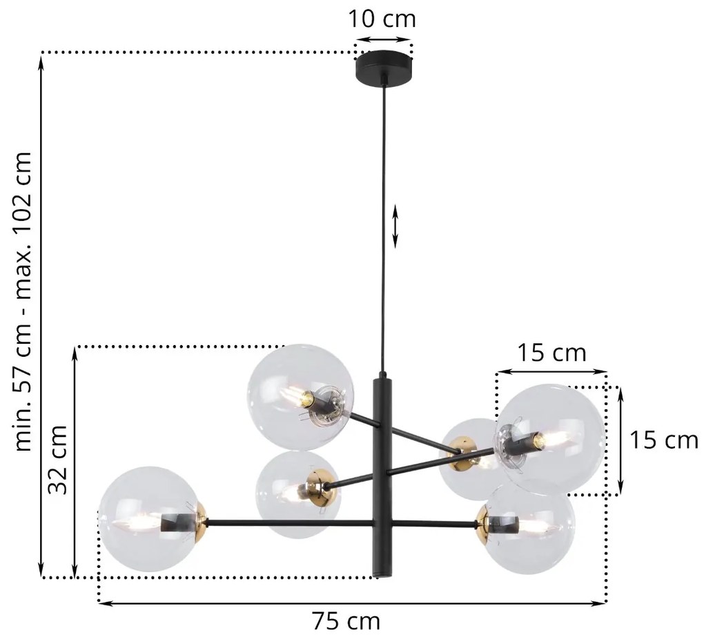 Závesne svietidlo Paris, 6x číre sklenené tienidlo, B/G, X