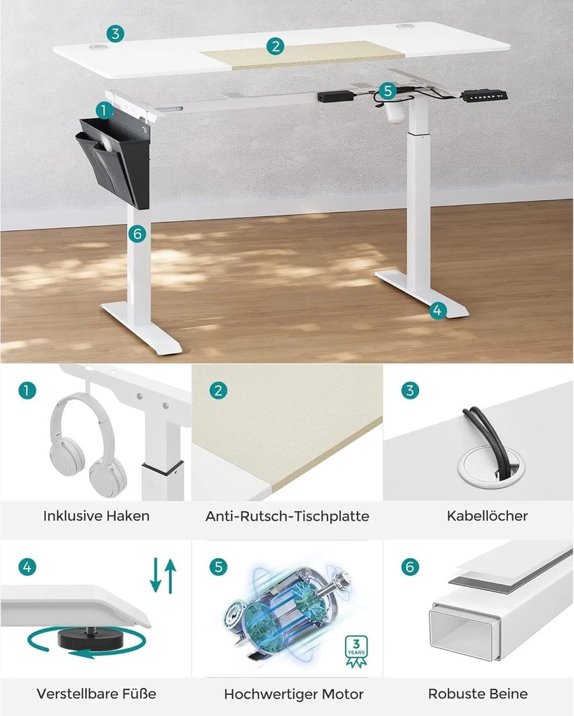 Výškovo nastaviteľný elektrický stôl, pracovný stôl, biela a béžová farba, 60x140 cm