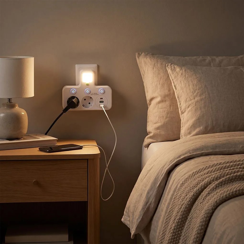 Toolight Toolight, JNH017, zásuvkový rozbočovač 2 zásuvky + 2× USB-A + USB-C s LED svetlom, biela, OSW-56309
