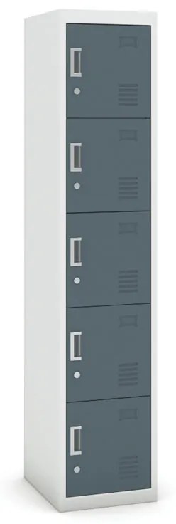Šatníková skrinka s úložnými boxami, 5 boxov, 1800 x 380 x 450 mm, cylindrický zámok, sivá/tmavosivá