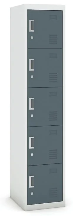 Šatníková skrinka s úložnými boxami, 5 boxov, 1800 x 380 x 450 mm, cylindrický zámok, sivá/tmavosivá