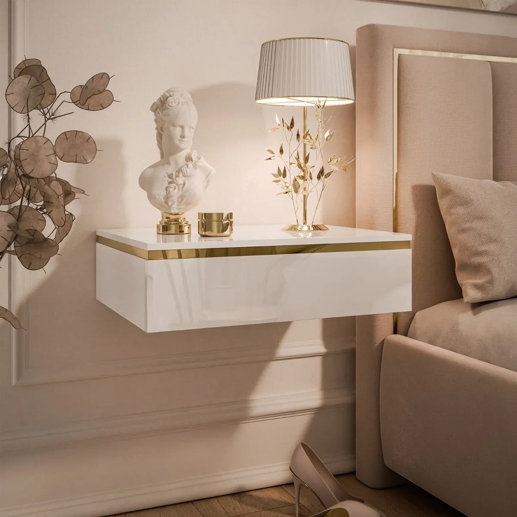 ZÁVESNÝ NOČNÝ STOLÍK NESSIE BIELY LESK + ZLATÝ