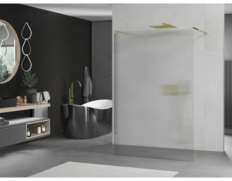Mexen Kioto, sprchová zástena Walk-In 100 x 200 cm, 8mm sklo s rebrovým vzorom, zlatý profil, 800-100-002-50-09