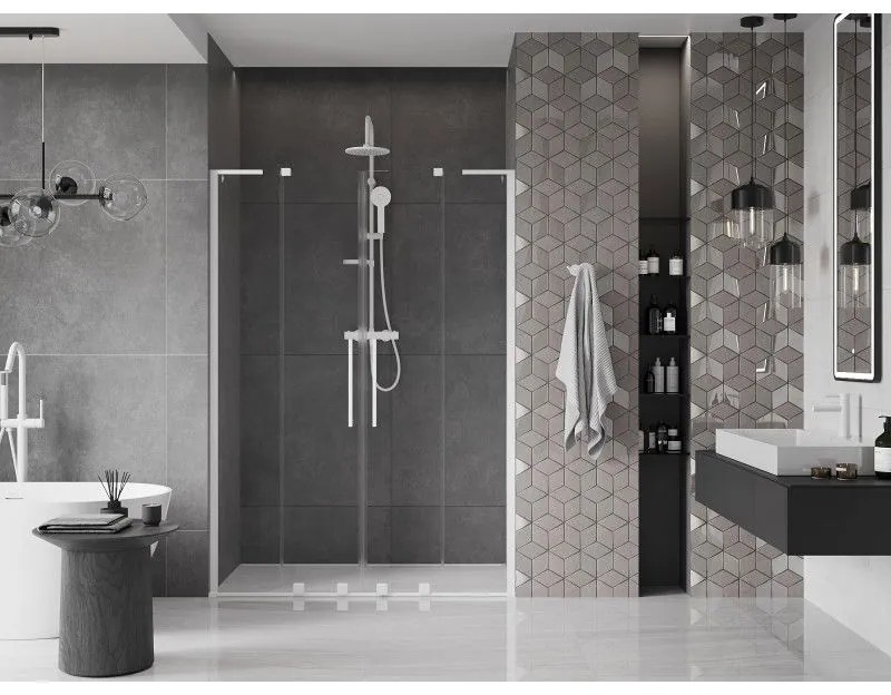 Mexen Velar L Duo, posuvné sprchové dvere do otvoru 160 cm, 8mm číre sklo, biela matná, 871-160-003-02-20