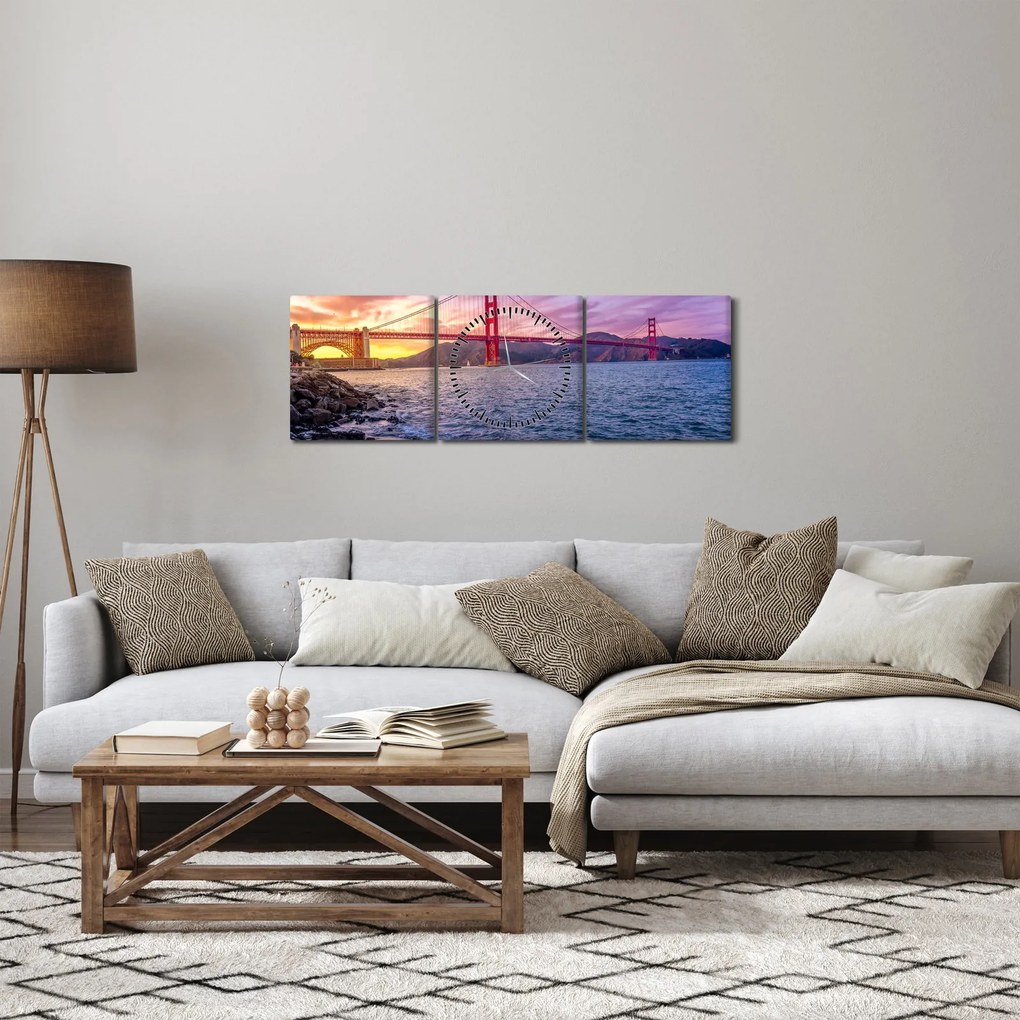 Obraz mosta pri západe slnka (s hodinami) (90x30 cm)