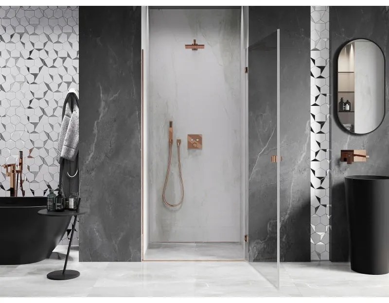 Mexen Lunar-B, výklopné pravé sprchové dvere 70 cm, 8mm číre sklo, ružové zlato profil, 832-070-000-60-00-P