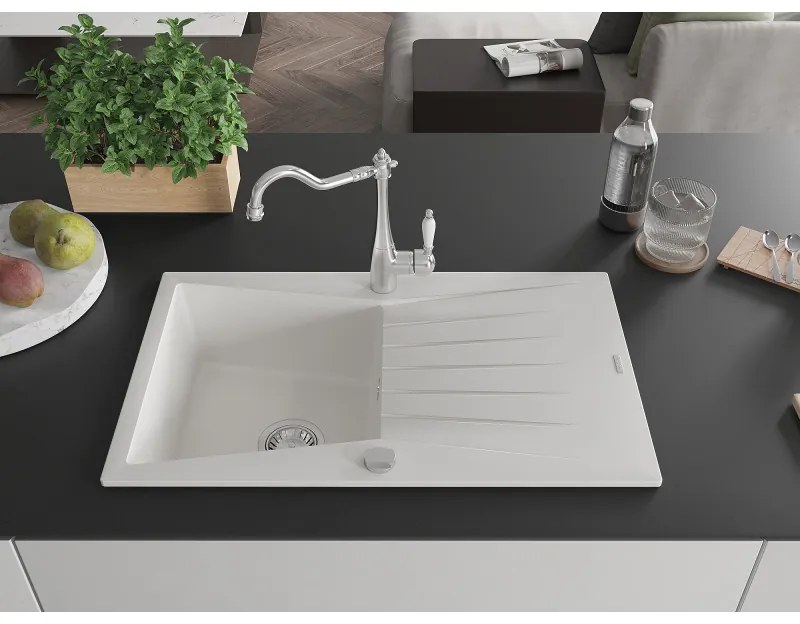 Mexen Cesar, 1-komorový granitový drez 775x470x190 mm a drezová batéria Carla, biela, 6514-20-670700-00