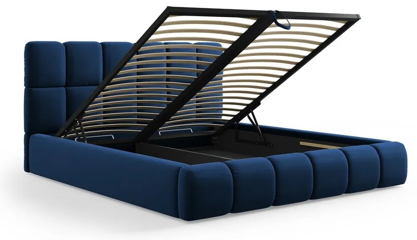 Tmavomodrá zamatová čalúnená dvojlôžková posteľ s úložným priestorom s roštom 200x200 cm Bellis – Micadoni
