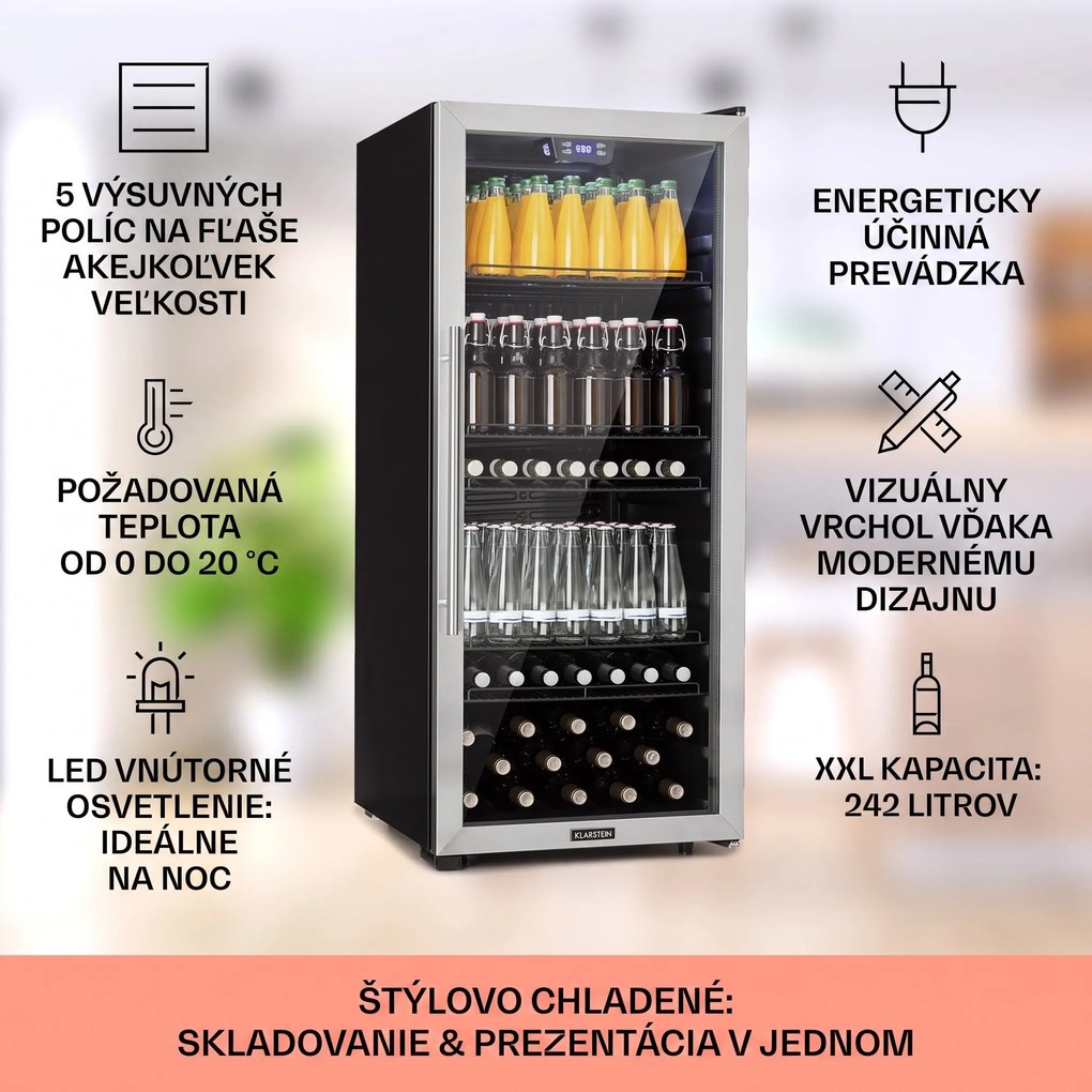 Klarstein Beersafe 7XL, chladnička, 242 l, 5 políc, panoramatické sklenené dvere, nehrdzavejúca oceľ