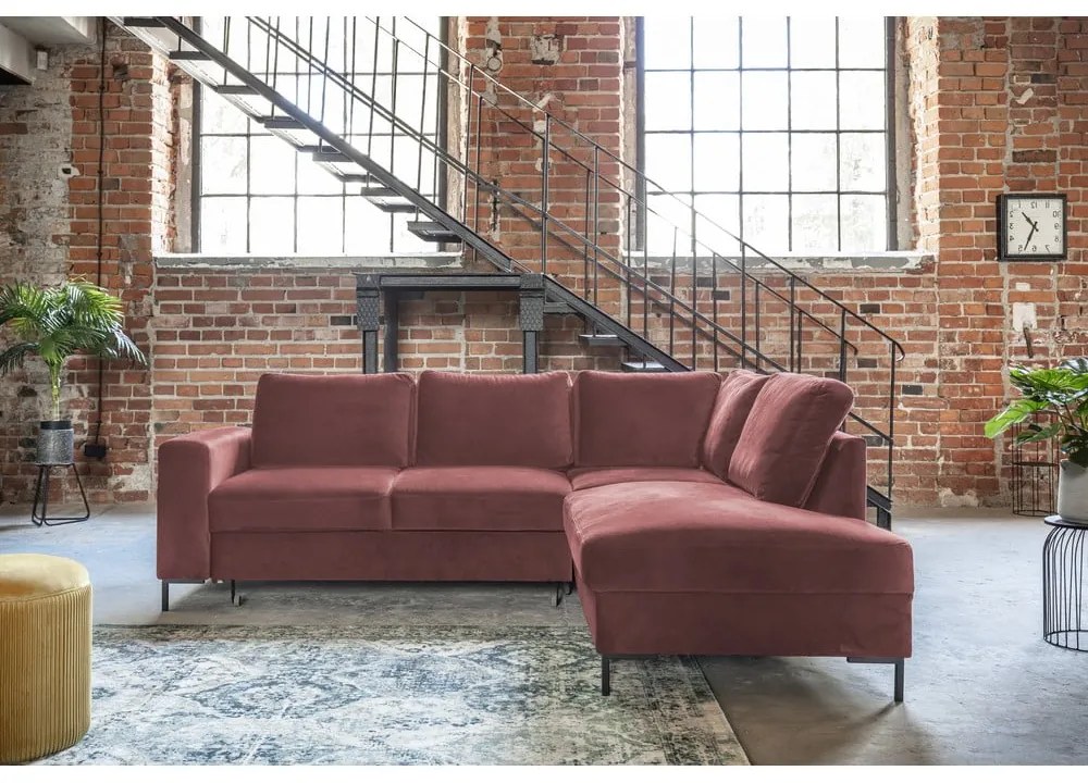 Ružová zamatová rozkladacia rohová pohovka (pravý roh) Lofty Lilly – Miuform