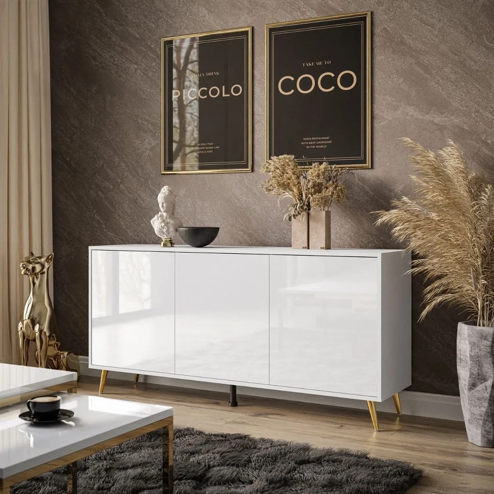 KOMODA ALWIN BIELA VYSOKÝ LESK 153cm ZLATÉ NOŽIČKY