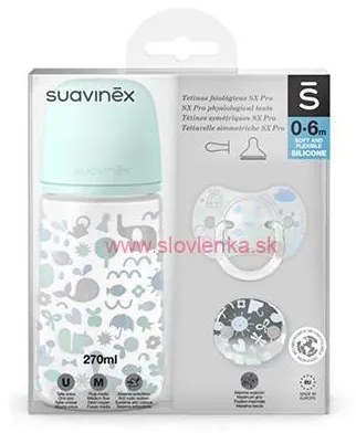 SUAVINEX - sada fľaša 270 ml + cumlík fyziologický 0/6 m + KLIP MEMORIES - modrý