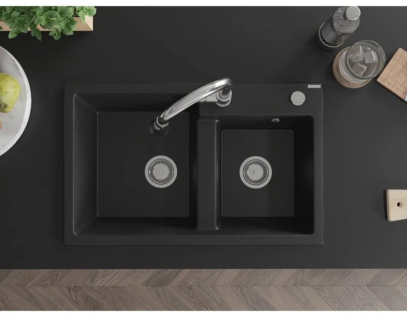 Mexen Tomas, 2-komorový granitový drez 800x500x190 mm a drezová batéria Elia, čierna, 6516-77-670101-00