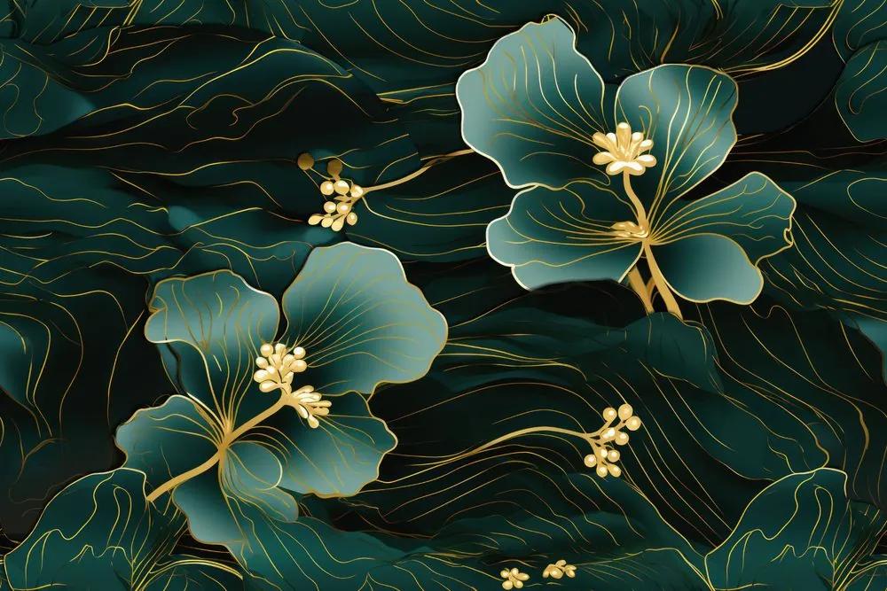 Samolepiaca tapeta luxusný zeleno-zlatý kvet