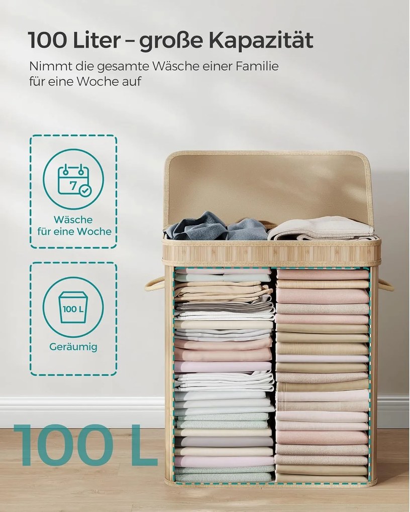 Kôš na prádlo s viečkom, 100 l bambusový zberník na bielizeň