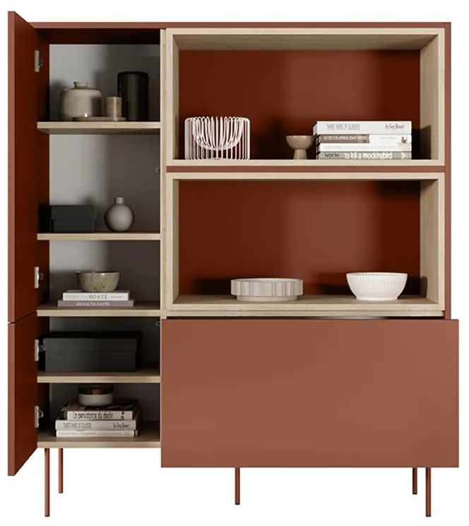 Komoda dvojdverová vysoká Desin 120 2D1SZ - ceramic red / Dub nagano