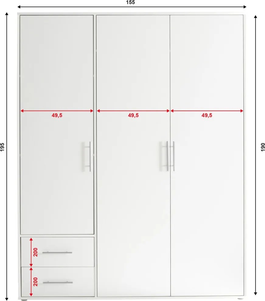 Šatníková skriňa Valencia,155 cm, optika šedého kovu/biela