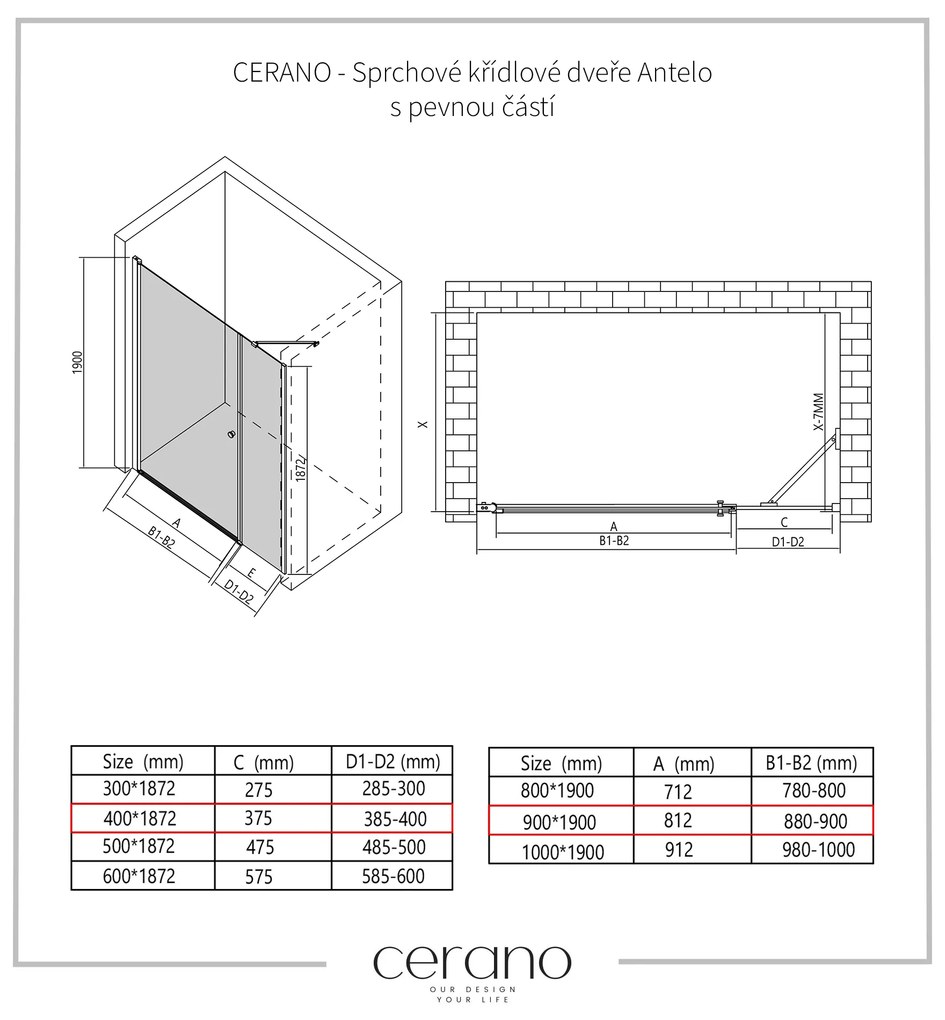 Cerano Antelo, 1-krídlové sprchové dvere s pevnou časťou 90(dvere) x 40(stena) x 190 cm, 6mm číre sklo, čierny profil, CER-CER-435809