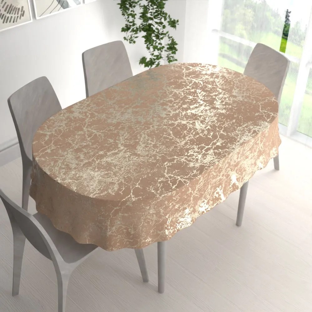 Biante Veľký zamatový oválny obrus Isabela IBL-016 Zlatý mramor na púdrovo béžovom 160x220 cm