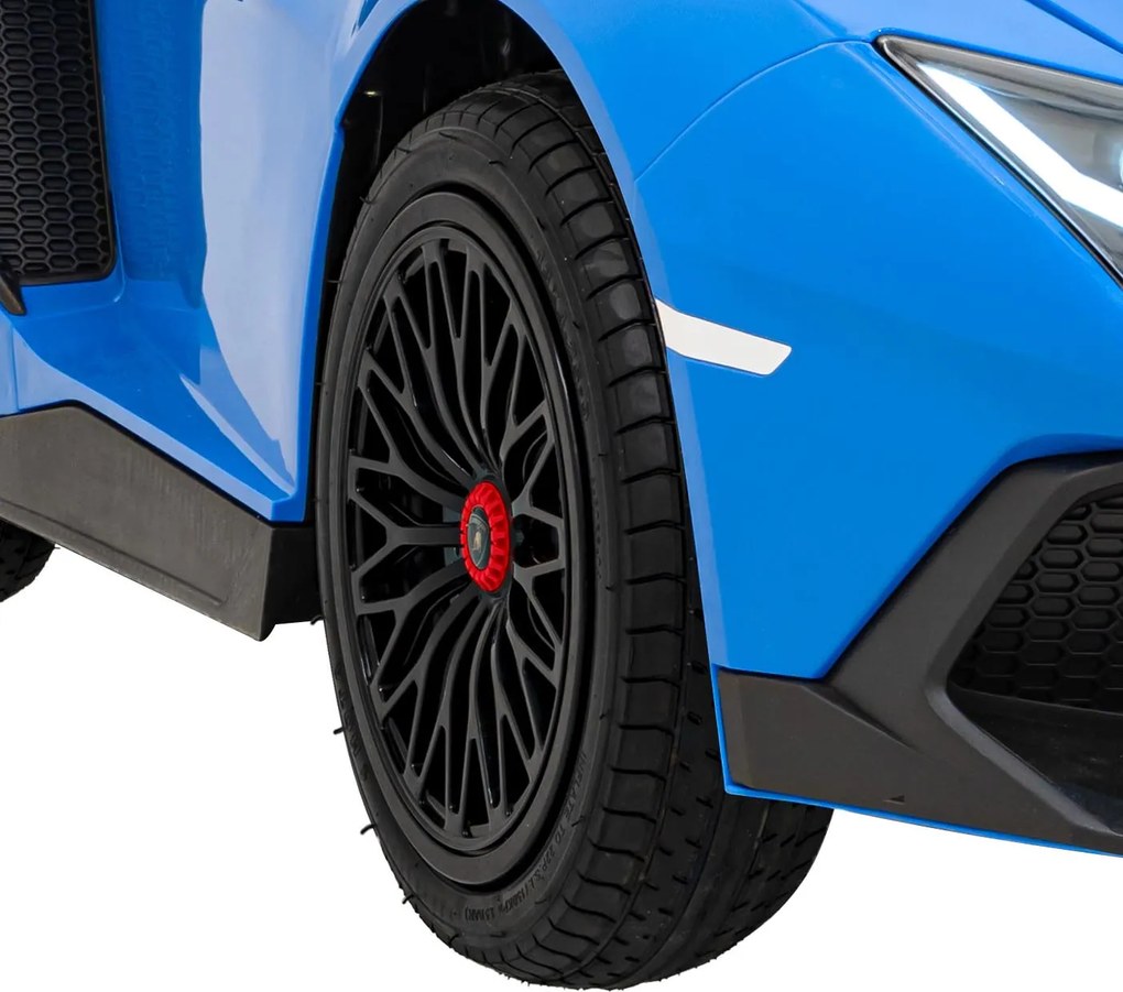 Ramiz Lamborghini Aventador SV na batérie pre 2 deti Modrá + Bezkartáčový motor + Nafukovacie kolesá + LED audio