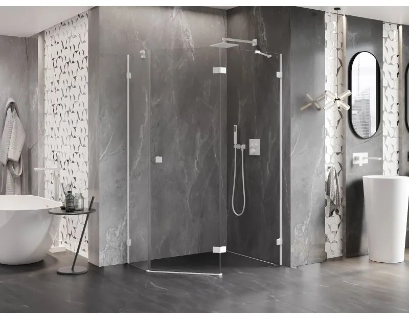 Mexen Lunar, pravý výklopný päťuholníkový sprchový kút 90 x 80 cm, 8mm číre sklo, biely profil, 831-090P-080L-20-00-P