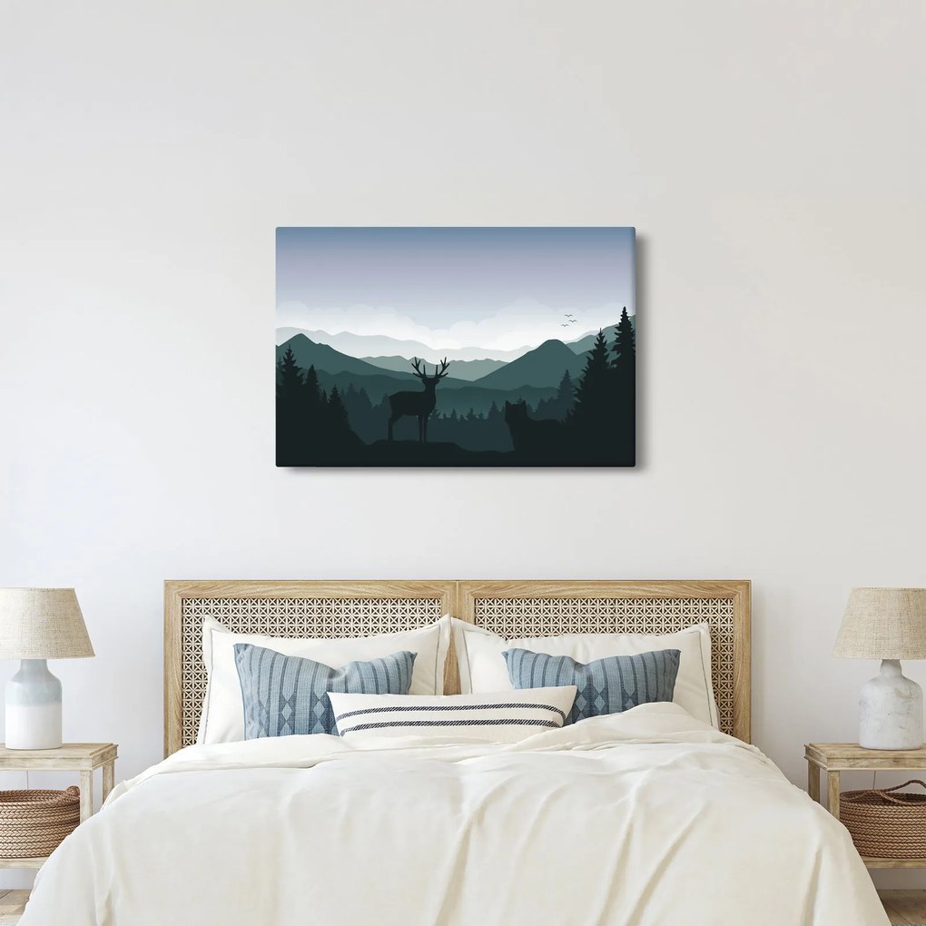 Obraz - Jeleň s vlkom v skalách (90x60 cm)
