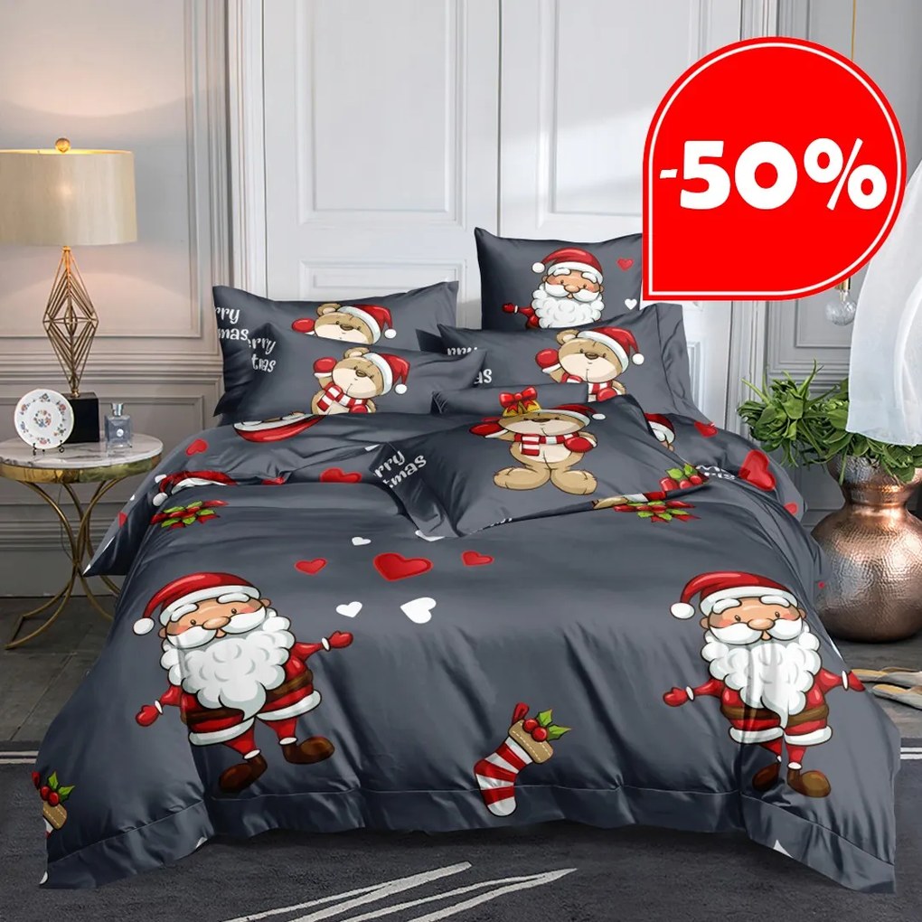 DomTextilu Vianočné sivé posteľné obliečky s motívom Santa Clausa 3 časti: 1ks 160 cmx200 + 2ks 70 cmx80 Sivá 180x220 cm 46882-218382