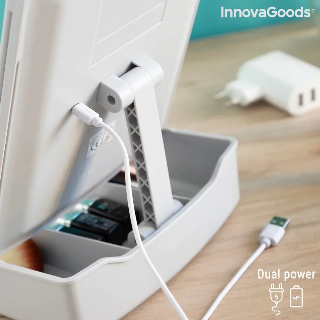 Skladacie zrkadlo s LED svetlom 3 v 1 s organizérom mejkapu Panomir - InnovaGoods