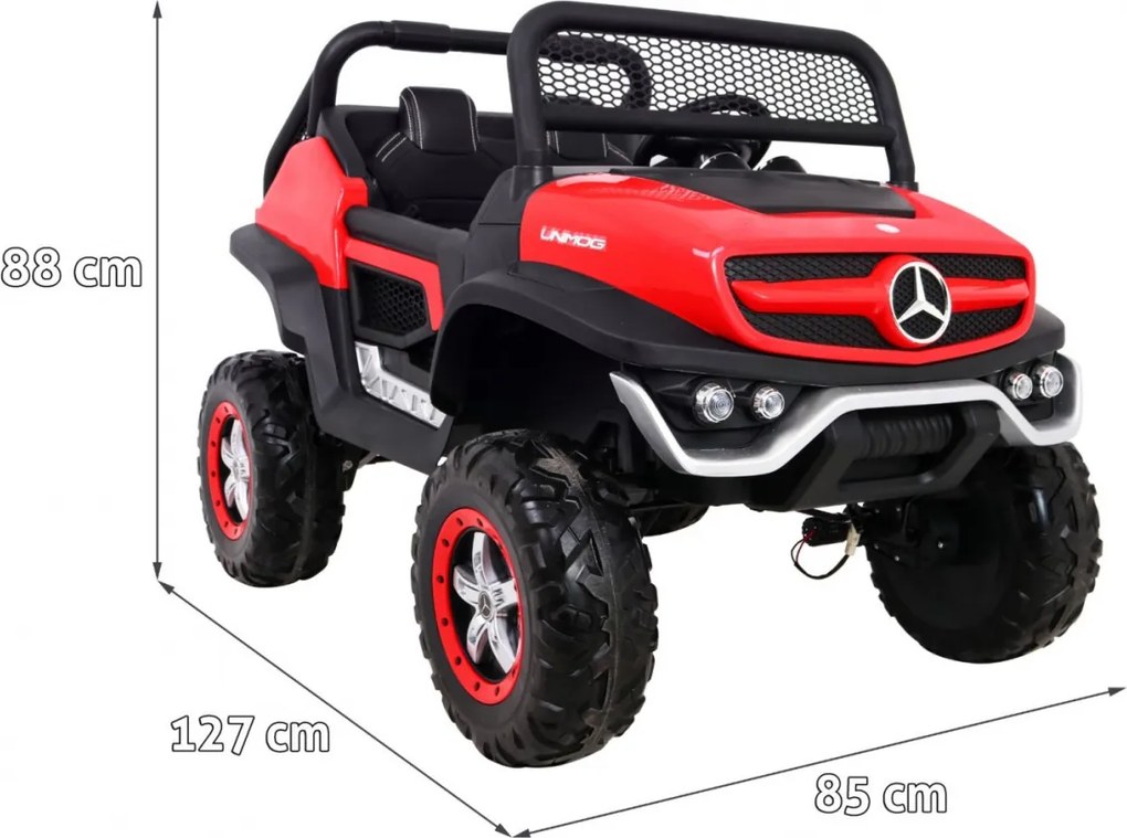 Ramiz Mercedes Benz Unimog elektrické autíčko pre deti červené + pohon 4x4 + diaľkové ovládanie + nosič batožiny + pomalý štart + MP3 + LED