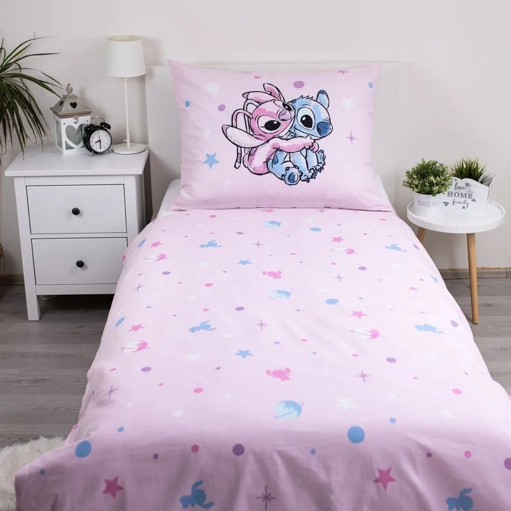 Ružová bavlnená detská obliečka na jednolôžko 140x200 cm Lilo a Stitch "Universe" – Jerry Fabrics