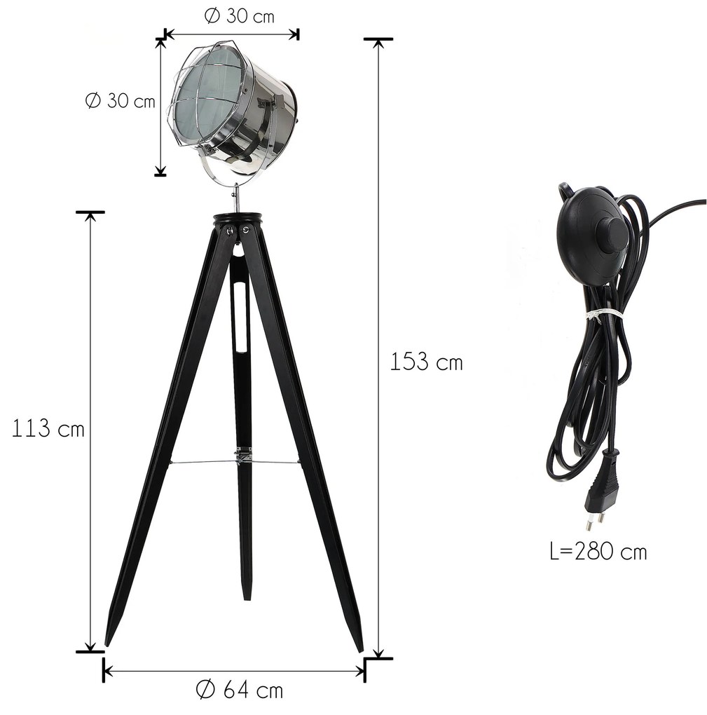 Dekorstudio Podlahová lampa TRIPOD na čiernej trojnožke s chrómovaným tienidlom 153cm