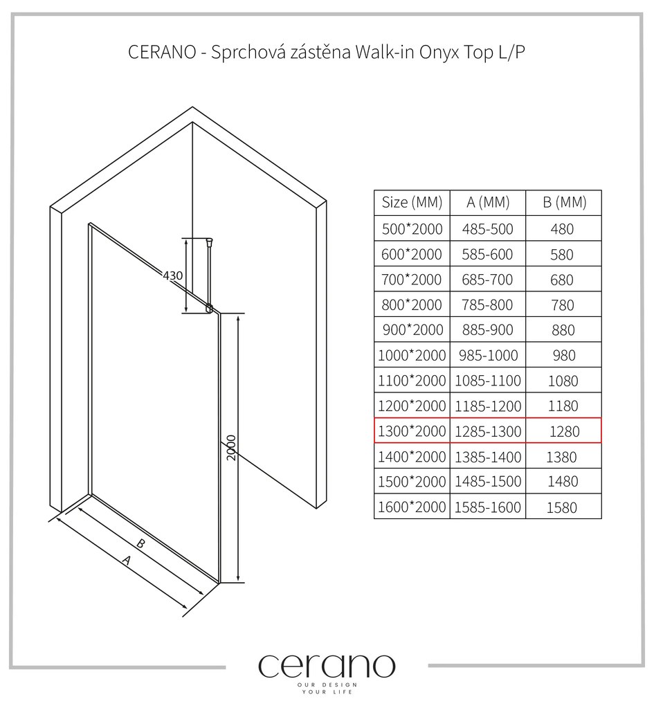 CERANO - Sprchová zástena Walk-in Onyx Top L/P - guľatá vzpera - čierna matná, ryhované sklo - 130x200 cm, CER-CER-8050BD1572