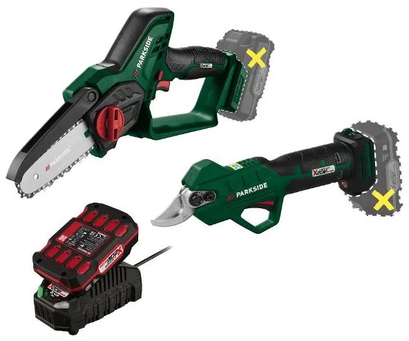 Parkside® Aku reťazová píla – bez akumulátora + Aku nožnice na konáre – bez akumulátora +Akumulátor 20 V/2Ah + Nabíjačka 2,4 A (800009789)