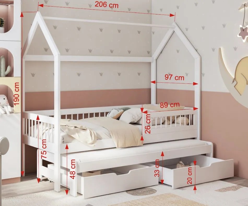 Detská domčeková posteľ z masívu borovice ASHER so šuplíkmi a prístelkou - 200x90 cm - biela