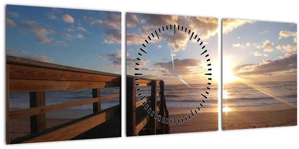 Obraz móla, pláže a more (s hodinami) (90x30 cm)