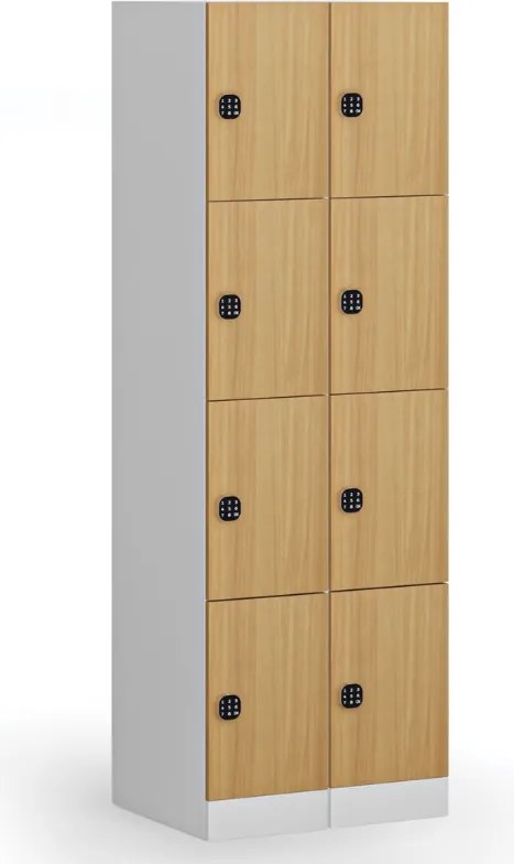 Šatníková skrinka S1 s úložnými boxmi, 4 boxy, 1850 x 300 x 500 mm, kódový zámok, laminované dvere, biela