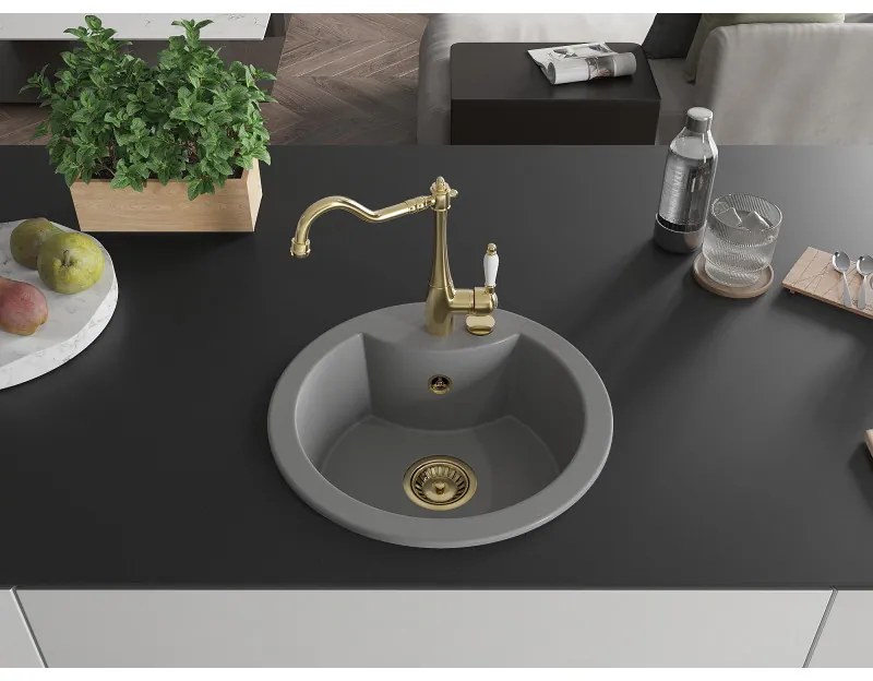 Mexen Diego, granitový drez 488x488x167 mm, 1-komorový a drezová batéria Carla, šedá, 6512-71-670700-50