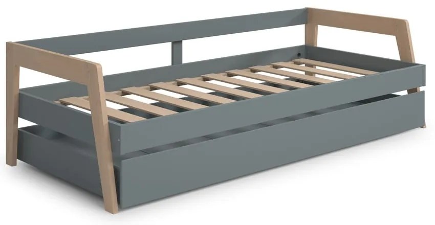 Zelená/sivozelená detská posteľ z borovicového dreva s výsuvným lôžkom s úložným priestorom s roštom 90x200 cm Carrie – Marckeric
