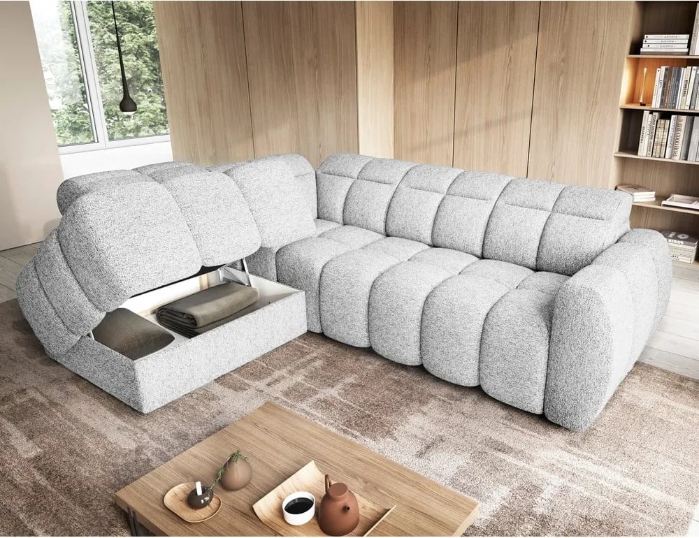 Svetlosivá rozkladacia/s úložným priestorom rohová pohovka z textílie buklé (ľavý roh/do L) Falconn – ELTAP