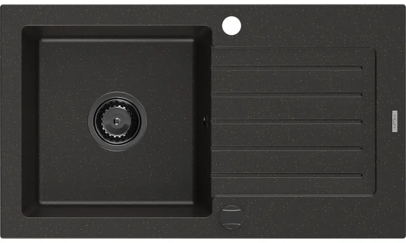 Mexen Pablo, granitový drez 752x436x161 mm, 1-komorový, čierna-zlatá metalíza s čiernym sifónom, 6510751010-75-B