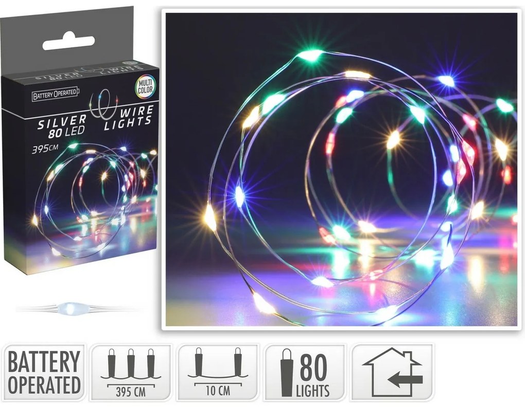 Svetelný drôt Silver, 4 m, 80 LED, farebná, na batérie