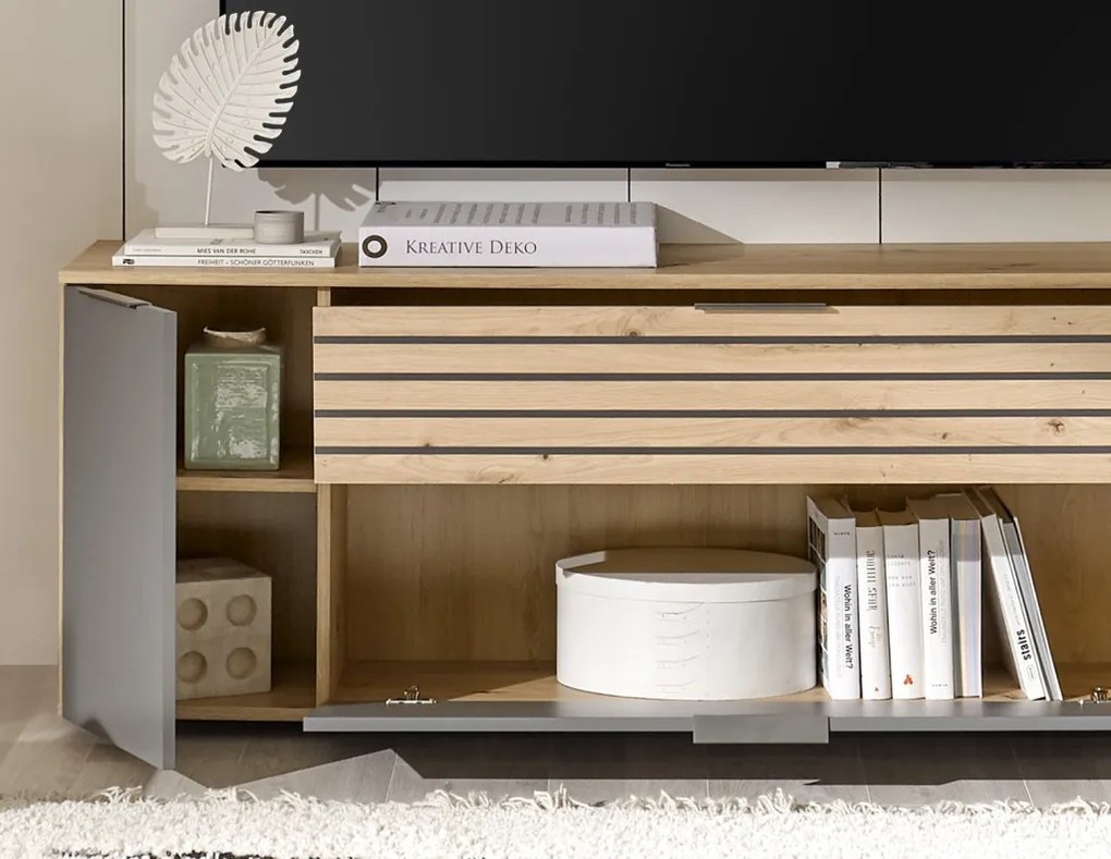 Obývacia stena Milan, dub artisan/sivá, s osvetlením