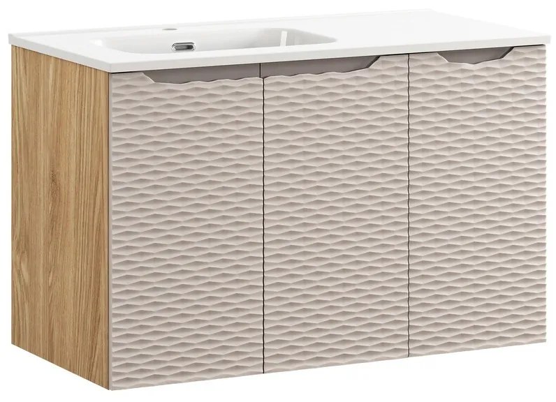 Závěsná skříňka Ocean se zápustným umyvadlem 90 cm béžová/dub olejovaný