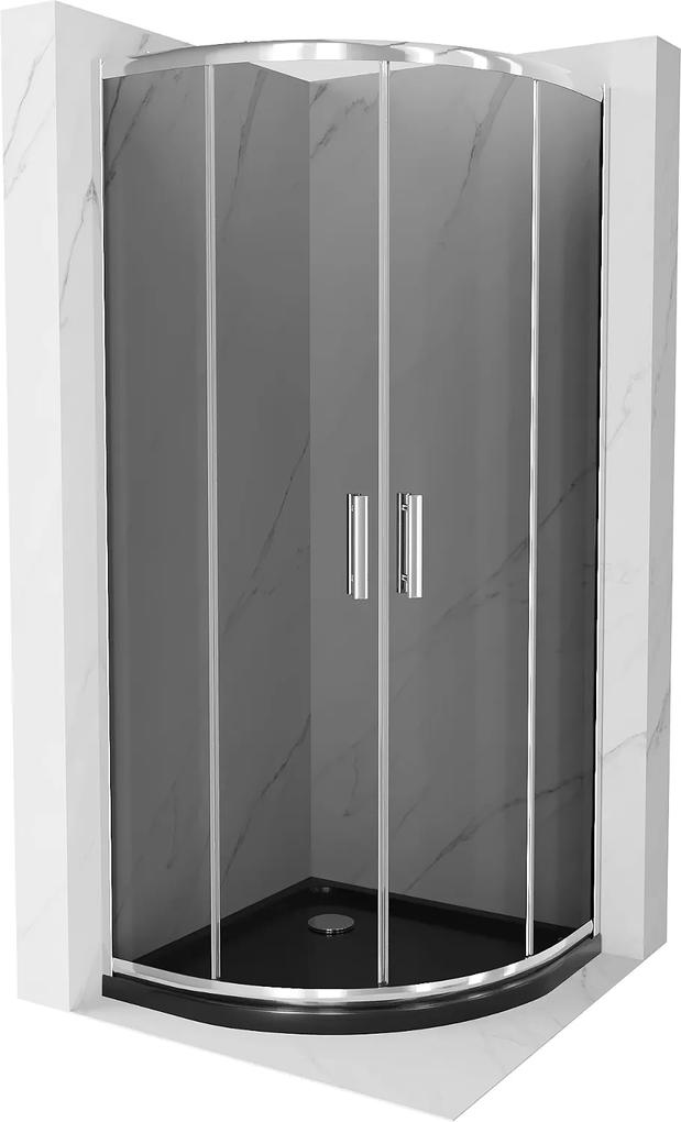 Mexen Rio, štvrťkruhový sprchovací kút s posuvnými dverami 80 x 80 cm, 5mm šedé sklo, chrómový profil + čierna sprchová vanička, 863-080-080-01-30-4170